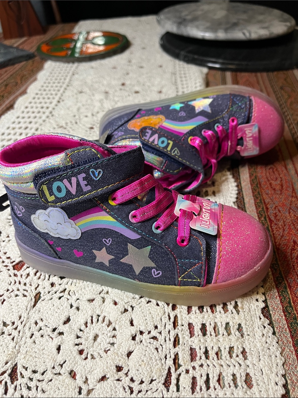 Athletic Works Pink & Navy Glitter High-Top Sneakers with Rainbow Hearts 11
